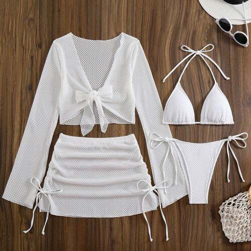 Womens 4-Piece Swimsuit Set Plain Off-Shoulder Bikini