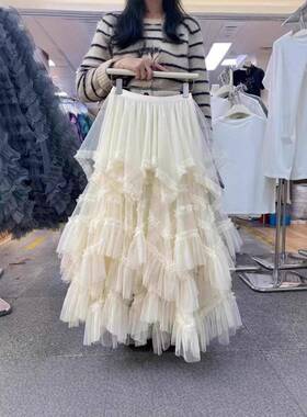 Korean Style Loose Fit Asymmetrical Mesh Cake Skirt, Spring