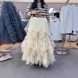 Korean Style Loose Fit Asymmetrical Mesh Cake Skirt, Spring