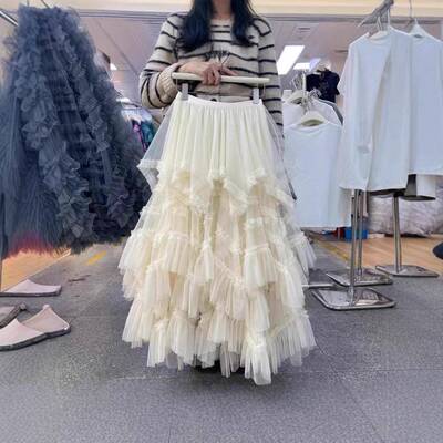 Korean Style Loose Fit Asymmetrical Mesh Cake Skirt, Spring
