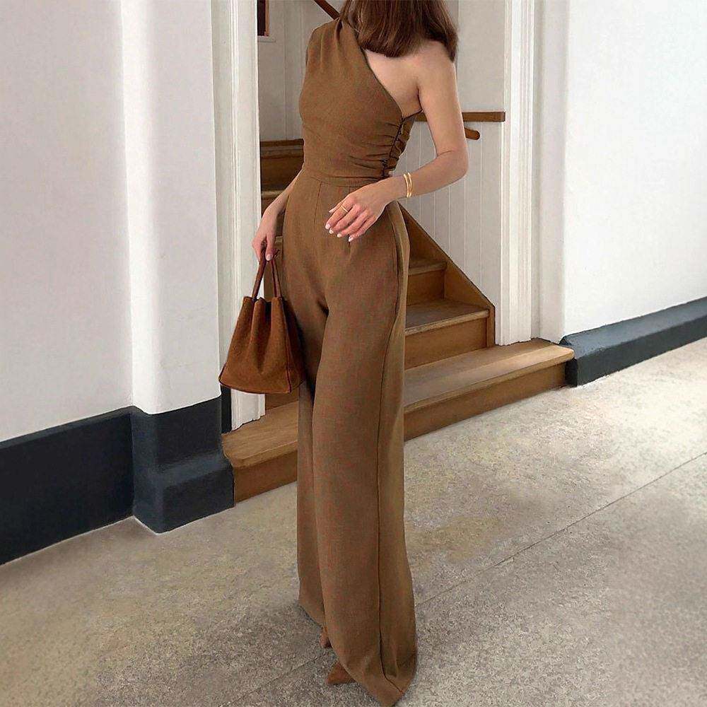 Women's One-Shoulder Asymmetrical Sleeveless Fitted Waist Wi - 实物图