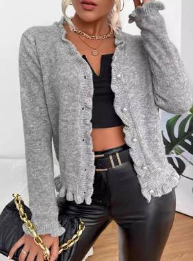 2026 US New Women's Elegant Grey Knitting Cardigan, Pearl Bu