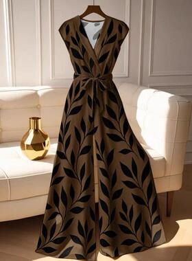 Women's V Neck Leaf Print Wide Leg Jumpsuit, Sleeveless High