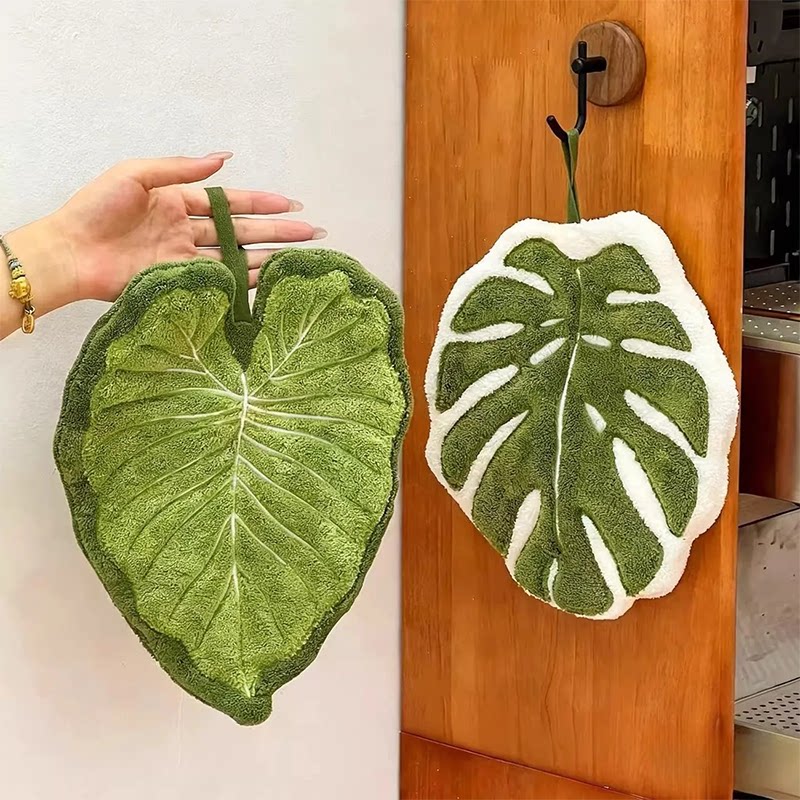 龟背竹叶子擦手巾可挂式厨房卫生间加厚吸水植物手帕挂墙式珊瑚绒