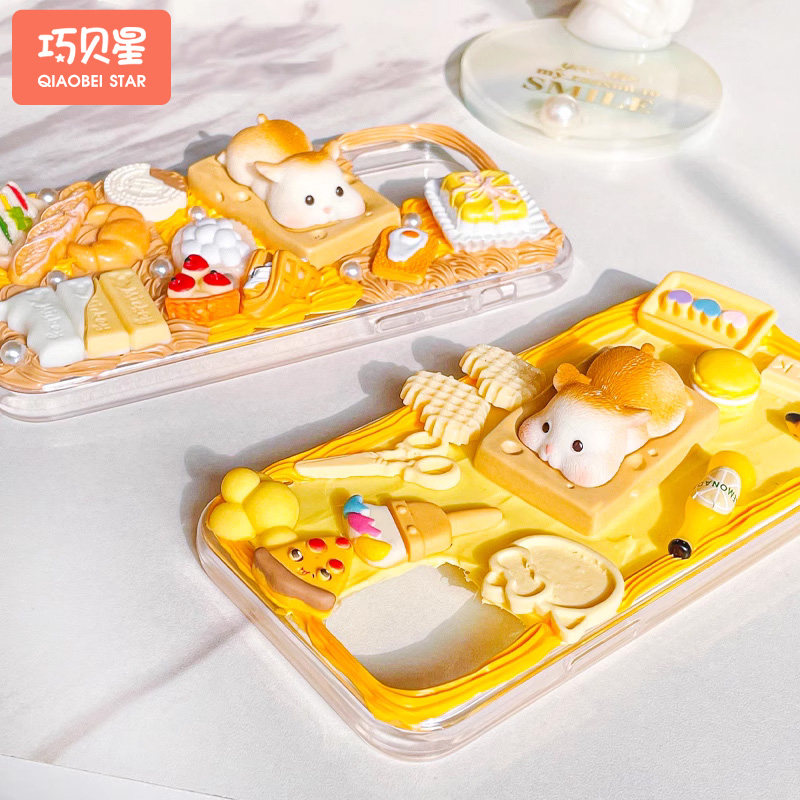 可爱仓鼠diy手机壳奶油胶材料包手工牛奶面包饼干自制创意套装