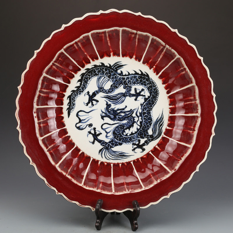 元祭红青花云龙纹大盘董t古玩收藏品保真瓷器老物件老货手工摆件