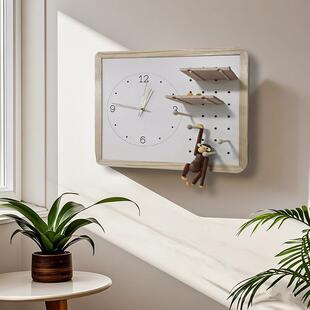 时钟原木风带钟表强电箱遮挡洞洞板电表箱装饰画 画挂钩入户盒配