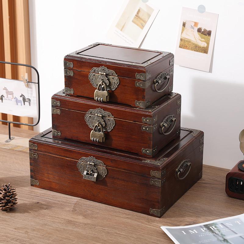木盒子复古桌面收纳盒带锁实木小箱子带锁证件印章盒带盖杂物马小