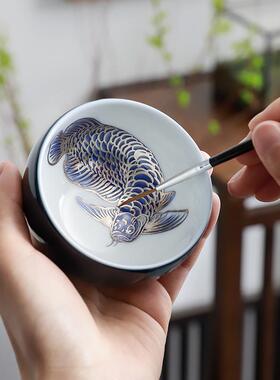 手绘银茶杯龙鱼主人杯江祖清个性男士单杯女功夫茶杯子陶瓷品茗杯