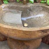 天然鹅卵石头洗衣池家用石材庭院洗手盆落地柱户外别墅复古洗脸盆