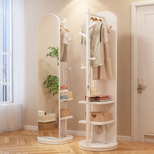 简约现代实木可移动衣帽架 全身镜一体带灯落地设计 双层旋转挂衣