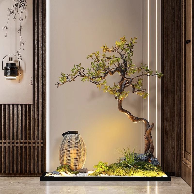 迎客松仿真绿植摆件楼梯下景观造景组合室内客厅玄关处盆栽装饰