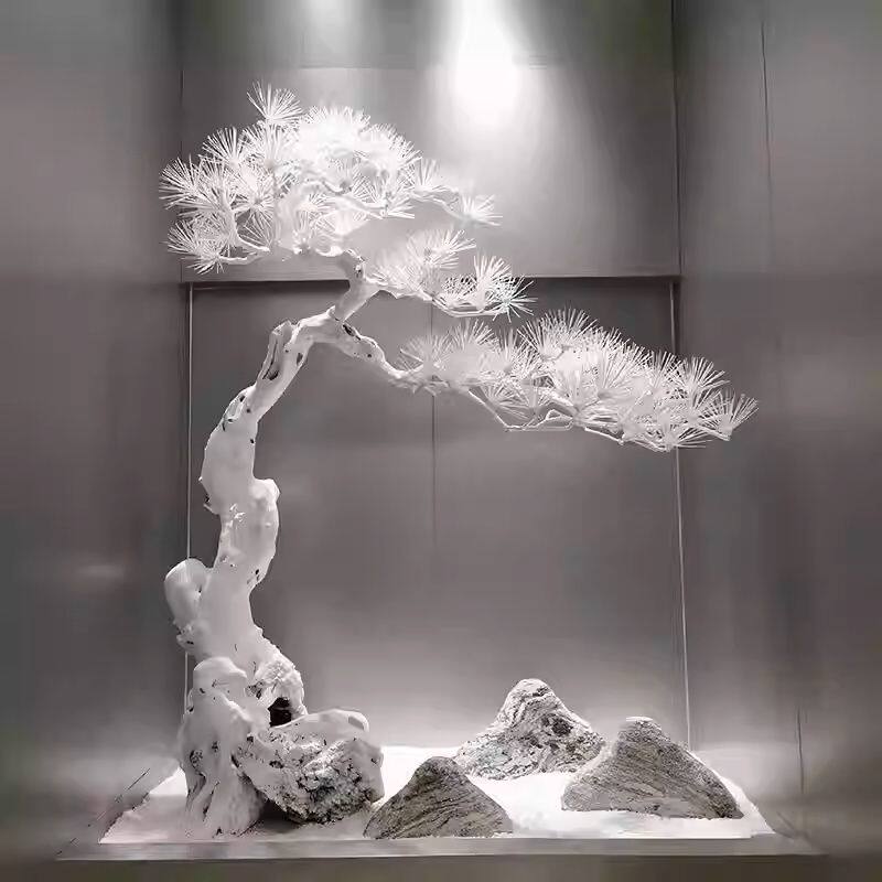 牙签松迎客松白色仿真树根雕树景观摆件枯木枝干造景酒店假树造景