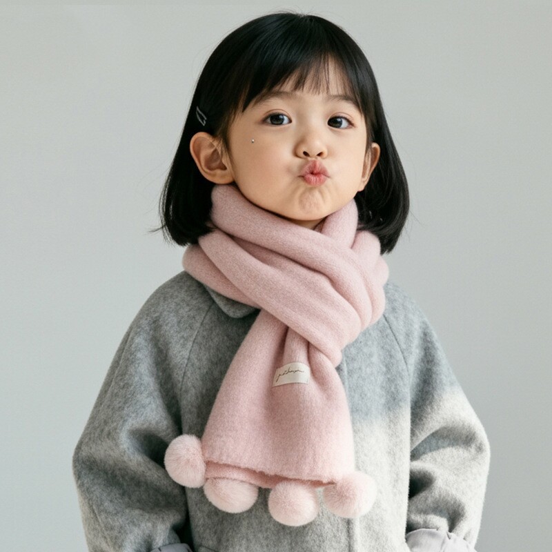 儿童围巾秋冬季宝宝针织毛线围脖男女童保暖护颈毛绒围巾纯色毛球