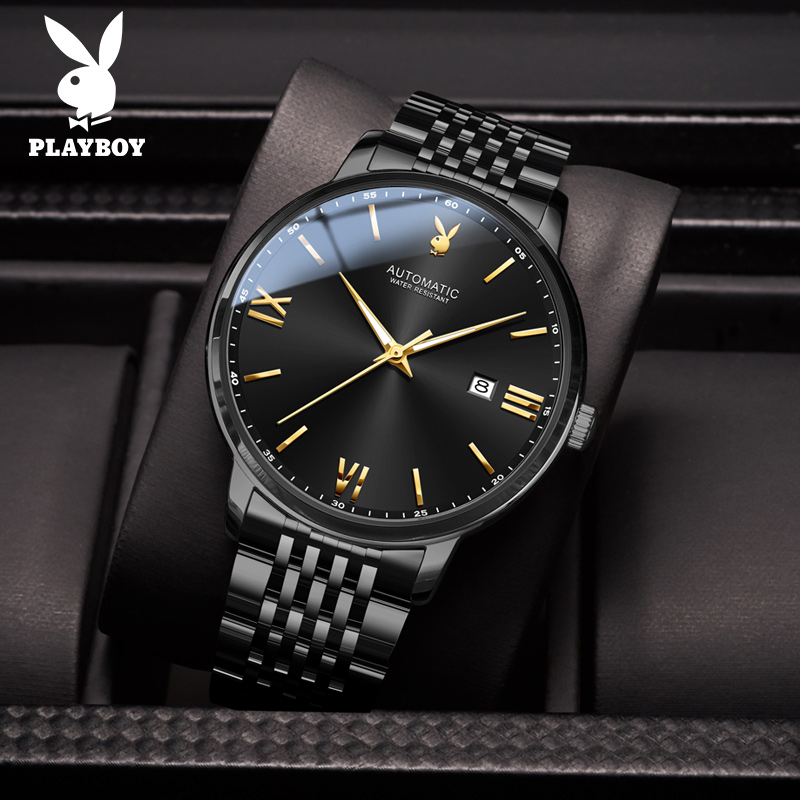 黑色手表花花公子日历新款个性钢带品牌手男全自动机械表简约时尚