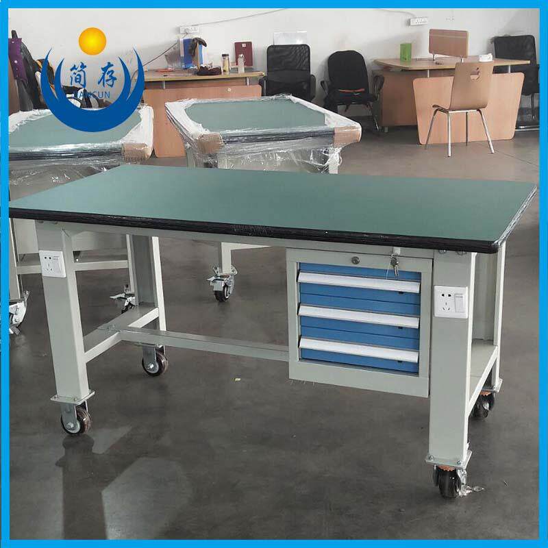 移动型三抽重型防静电工作台 吊柜绿色复合桌面钳工桌 铁板操作台