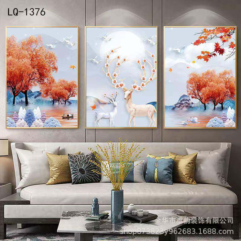 欧式麋鹿壁画现代简约客厅装饰画沙发背景三联画