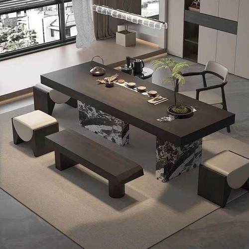 现代中式实木桌椅茶桌组合办公室别墅设计师高端岩板泡茶茶台