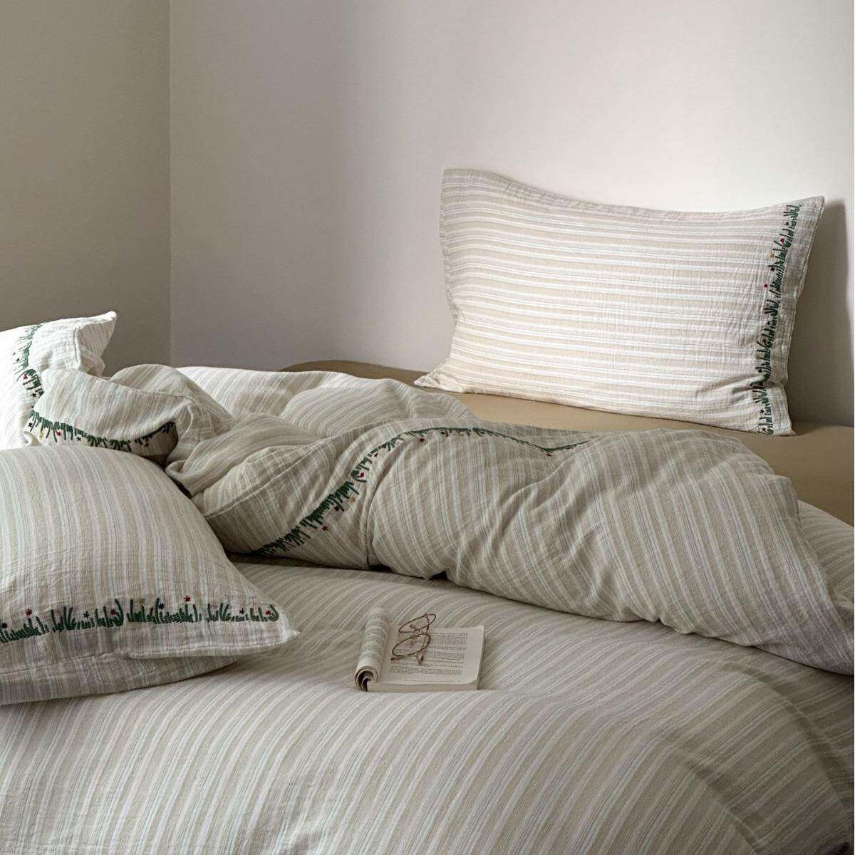 日系色织全棉双层纱四件套小清新刺绣被套纯棉新款床上用品