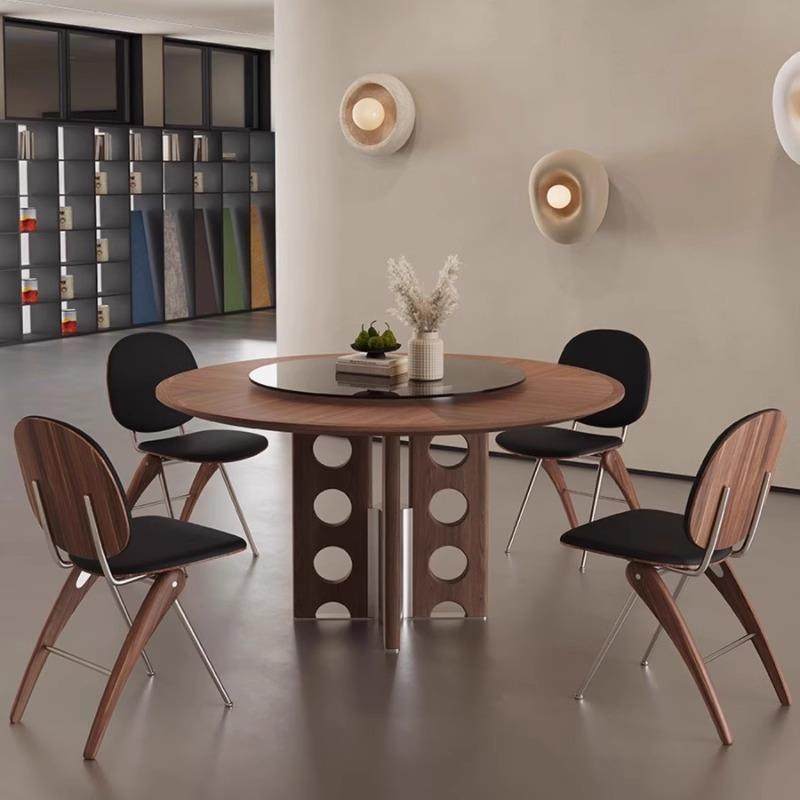 意式实木餐桌家用小户型中古饭桌北美胡桃木桌子现代简约高端圆桌