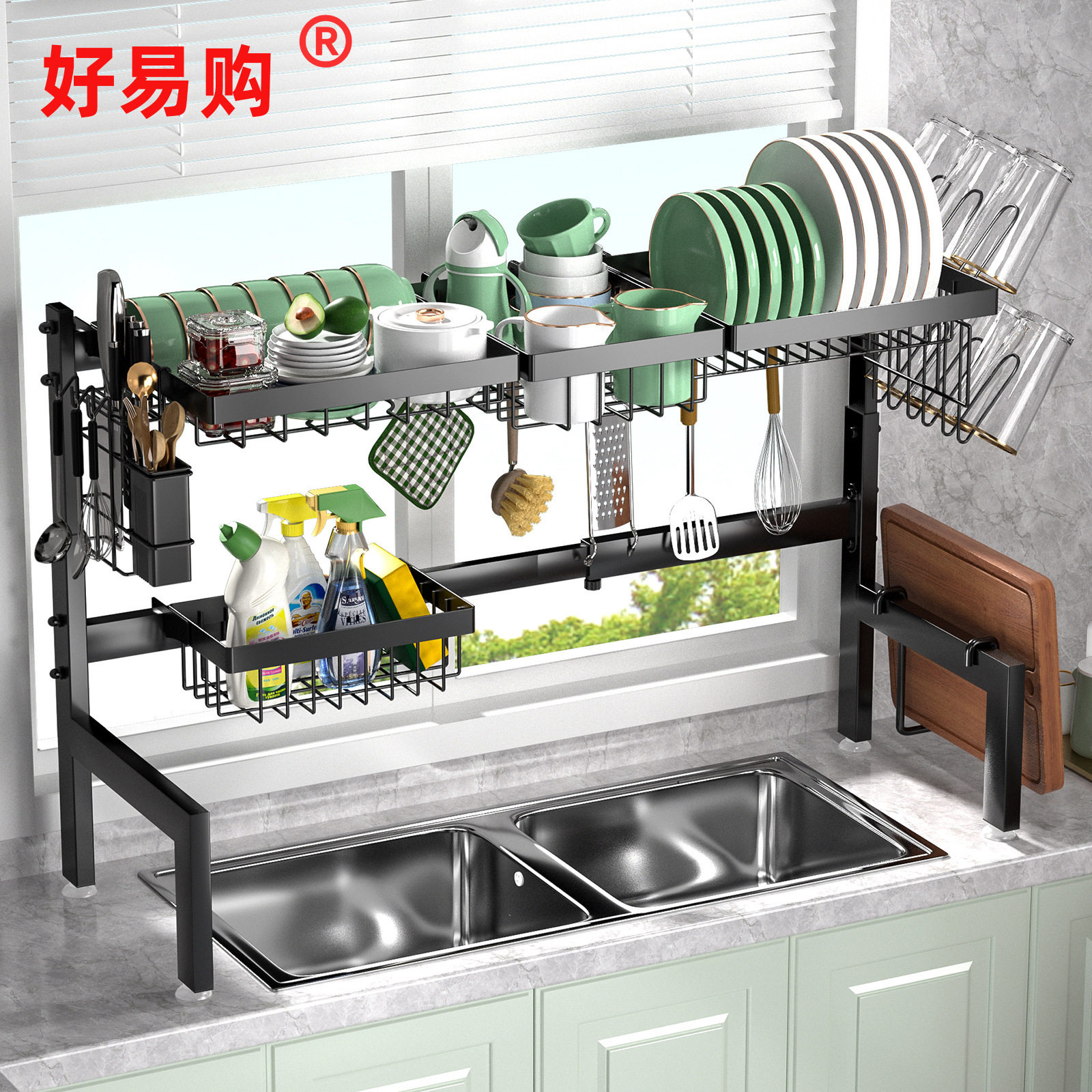 跨境伸缩厨房水槽置物架双层沥水碗碟架台面多功能水池上方收纳架