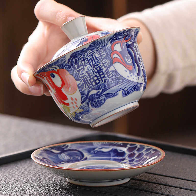 釉下彩陶瓷仿古青花三才盖碗