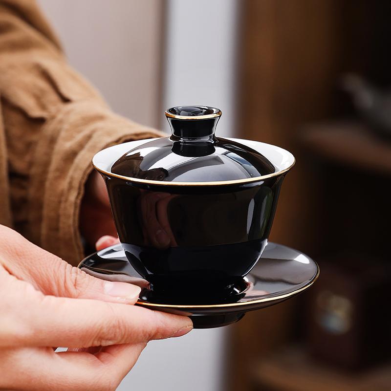 创意黑釉三才盖碗茶杯一人小盖碗