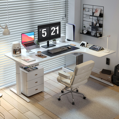 wzo约家用实木桃转角升降书桌L型电动电脑桌拐角办公桌