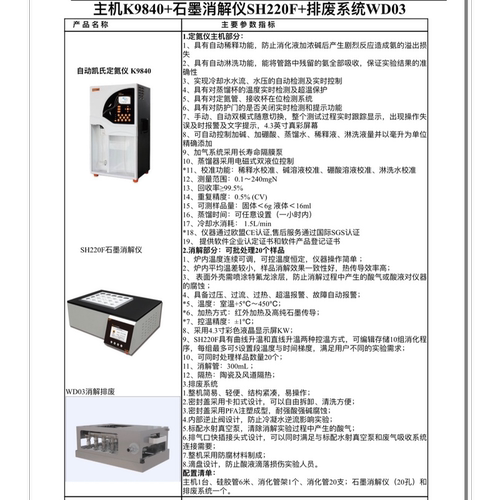 海能仪器凯式定氮仪 K9840加SH220F石墨消解仪加WD03消解排废