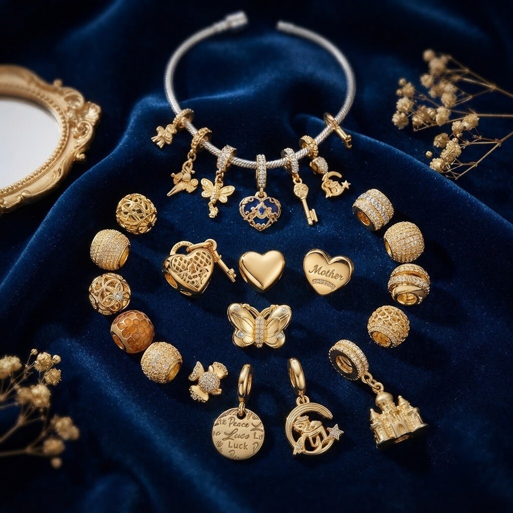 轻奢金色系串饰DIY蛇骨链配件微镶锆石爱心吊坠手链礼物