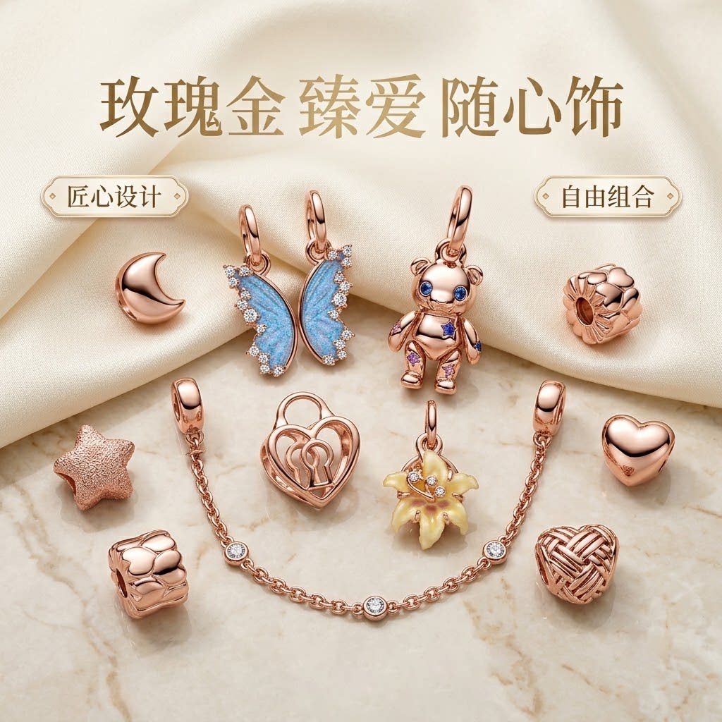 玫瑰金串饰手链配件女小众设计蝴蝶小熊爱心吊坠DIY自由组合