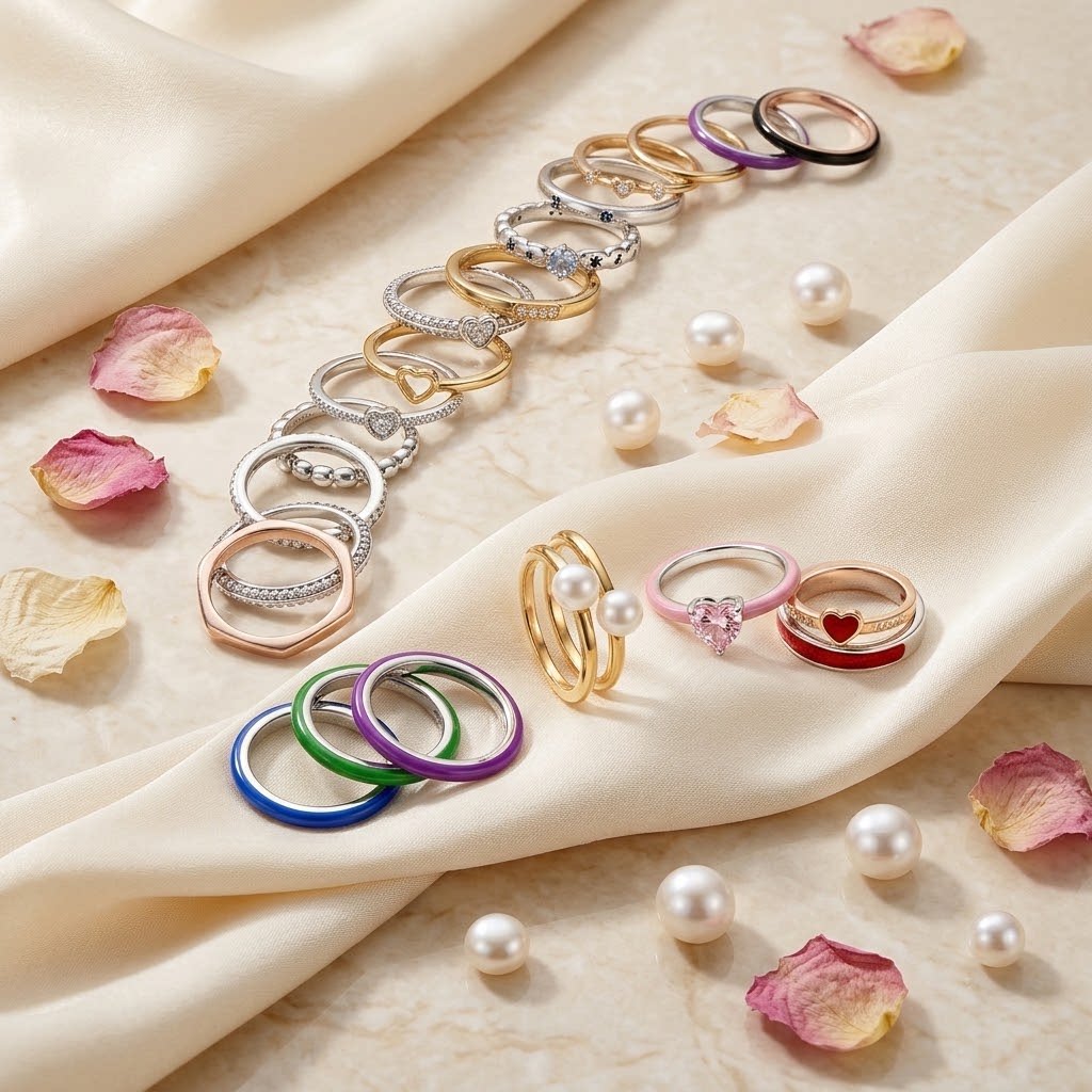轻奢风微镶彩色珐琅戒指女原创爱心珍珠叠戴排戒细圈指环礼物