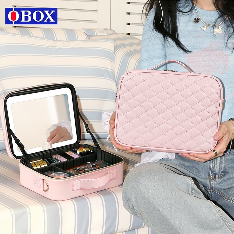 OBOX樱花粉高级感带镜子化妆包女图片