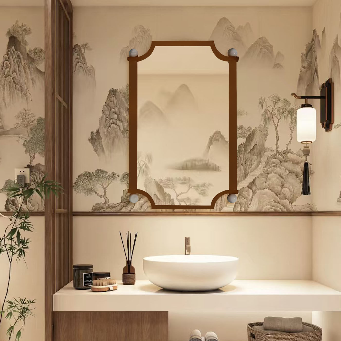 复古风新中式浴室镜玄关壁挂异形洗手台镜子卧室梳妆镜客厅装饰镜