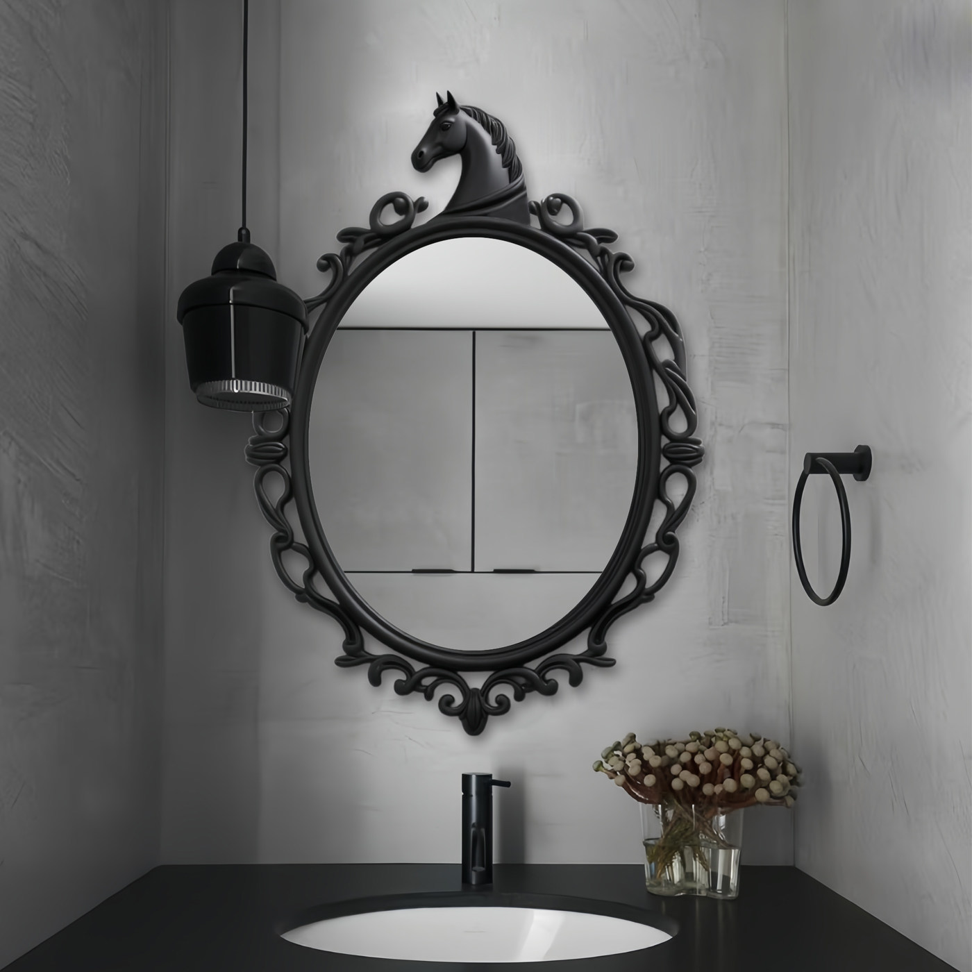 欧式马头黑色复古椭圆浴室镜壁挂装饰镜卧室化妆镜卫生间装饰镜子