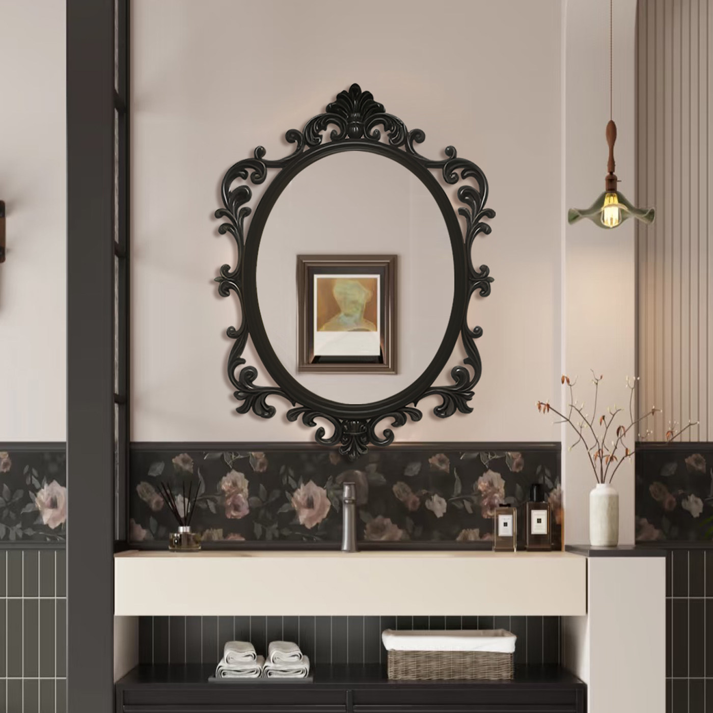 欧式黑色复古椭圆浴室镜壁挂装饰镜卧室化妆镜装饰镜子