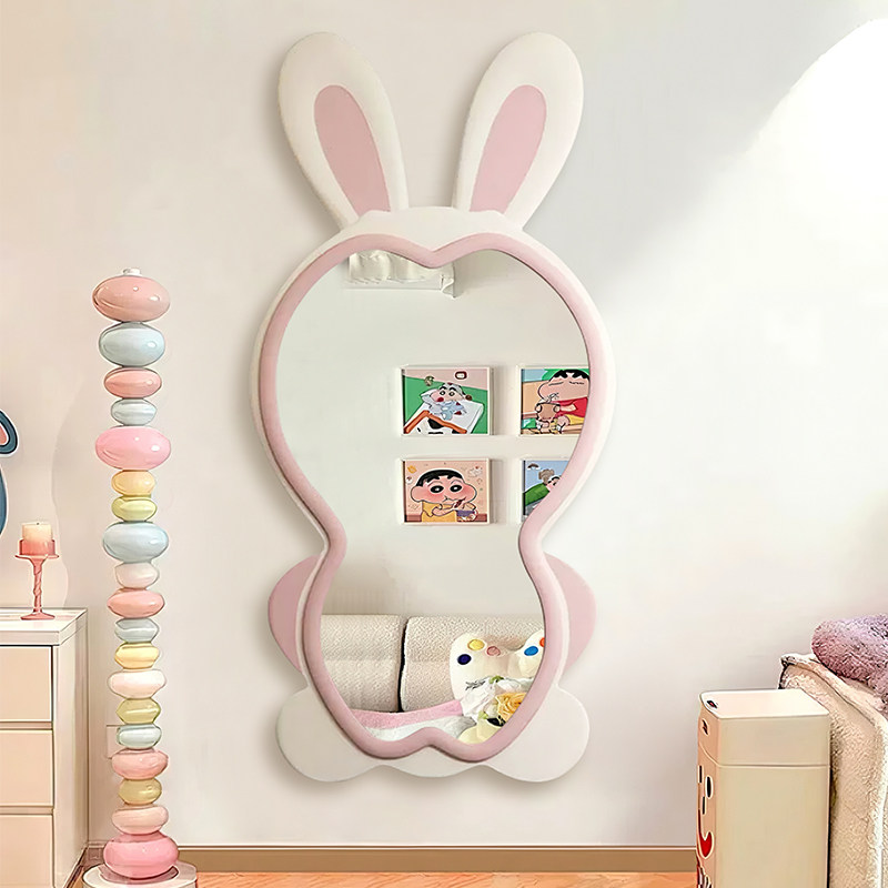 奶油风卧室壁挂异形全身镜简约智能LED化妆镜玄关网红兔子装饰镜