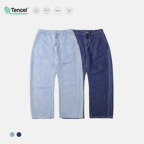 天丝棉阔腿直筒弯刀牛仔裤