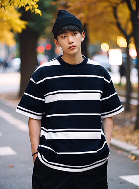 GETY 日系cityboy300G条纹定织定染洗水廓形短袖T恤男百搭夏季