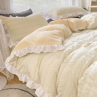 奶白冬季 床上珊瑚绒四件套床单加绒被套法兰牛奶绒被罩冬天单面绒