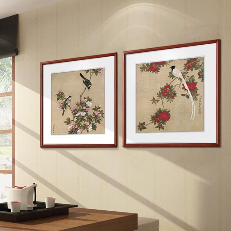 正方形装饰画工笔花鸟画牡丹梅花壁画玄关客厅挂画新中式餐厅墙画