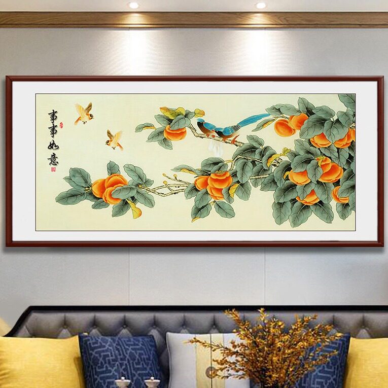 事事如意装饰画柿子画国画横幅餐厅挂画新中式客厅沙发背景墙挂画