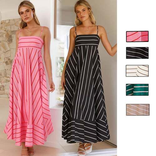 Women's Summer Sleeveless Spaghetti Strap Striped Maxi Dress
