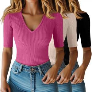 Women Casual Slim V Neck Sleeve Shirt Set 3 Plain Medium