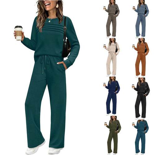 Women's Casual Long Sleeve Two-Piece Set, Wave Stripe Pants
