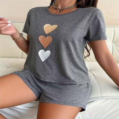 Women's Heart Love Print Fitted Tee & Elastic Waist Shorts