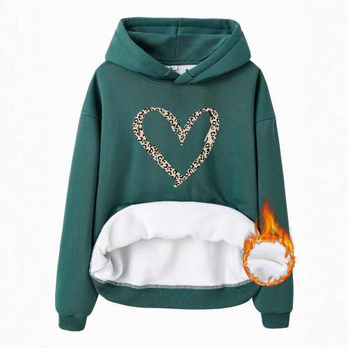 Women's Leopard Liner Heart Print Plush Lined Fitted Hoodie,