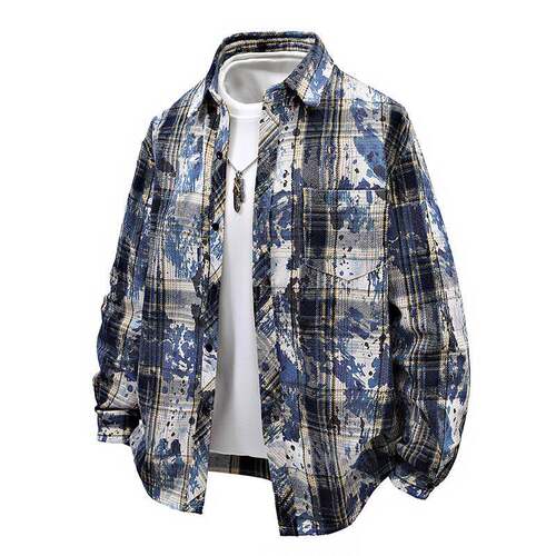 Men Checkered Shirt Baggy Grunge Sleeve Casual Shirts