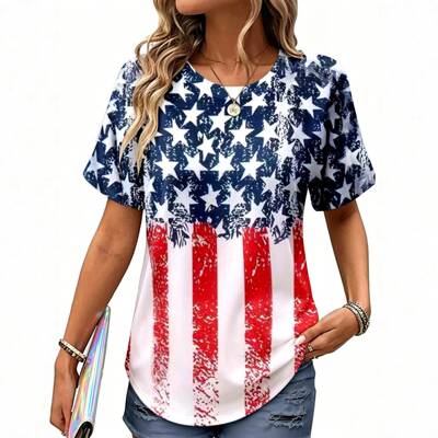 Women's Letter & Flag Print Round Neck Fitted Tee