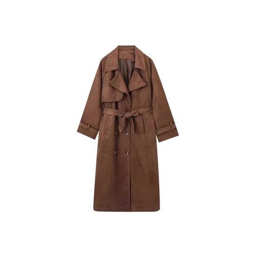 Womens Faux Suede Long Trench Coat Notched Lapel Double